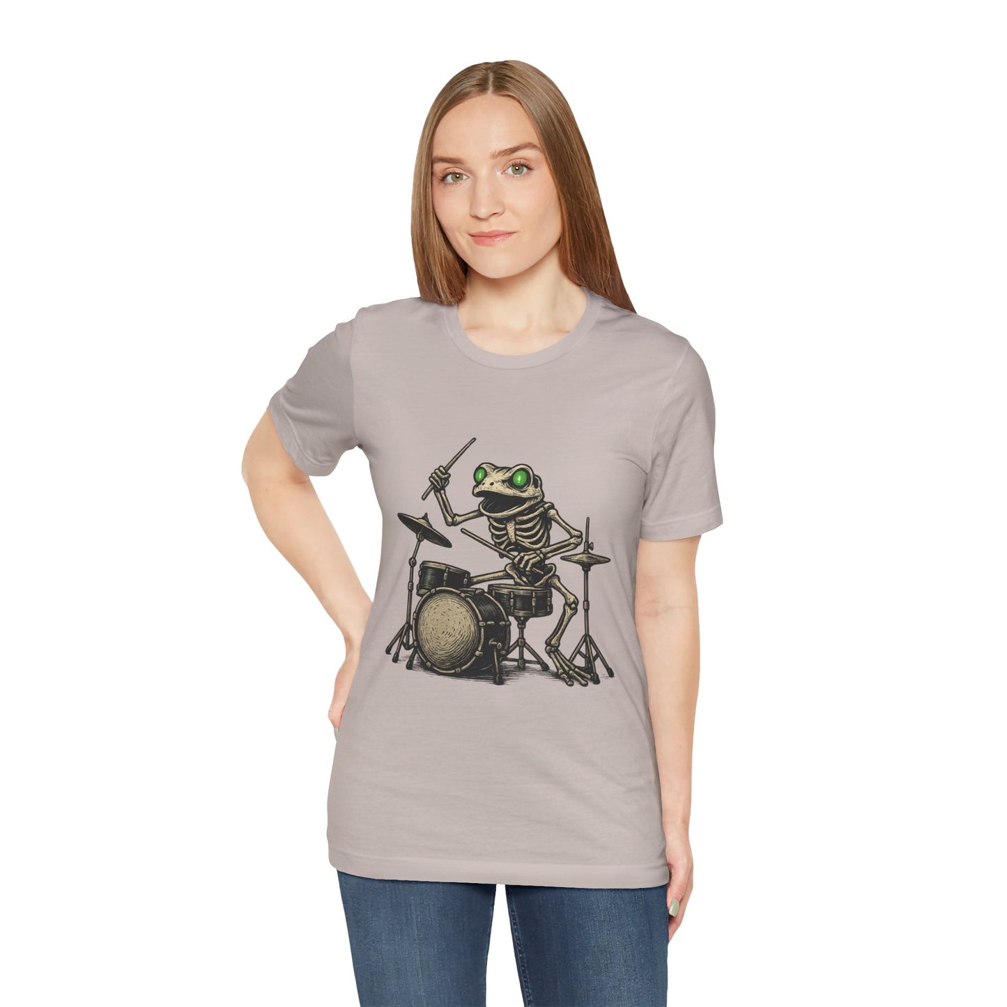 Skeleton Frog Drummer Shirt with Glowing Green Eyes Rock Band Art Tee for Musicians Frog Lovers Halloween and Concert Wear