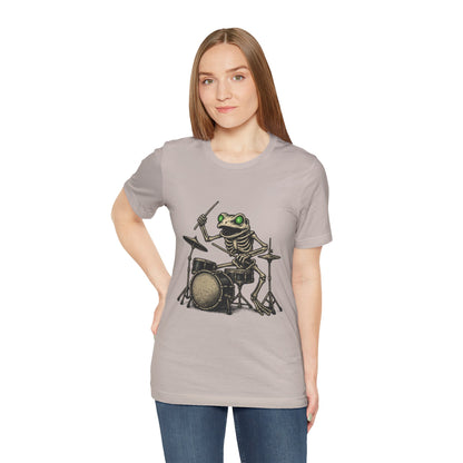 Skeleton Frog Drummer Shirt with Glowing Green Eyes Rock Band Art Tee for Musicians Frog Lovers Halloween and Concert Wear