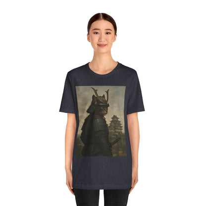 Cat Samurai Vigil Tee | Armored Feline Warrior w/ Castle Backdrop | Japanese Art Unisex Shirt