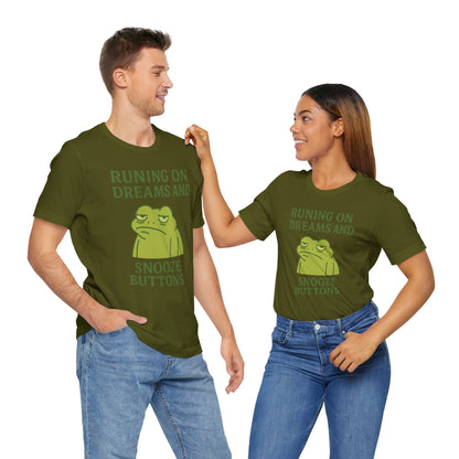 Running on Dreams and Snooze Buttons Shirt Sleepy Frog Tee Funny Night Owl Top Great Dad Gift Cozy Loungewear Aesthetic