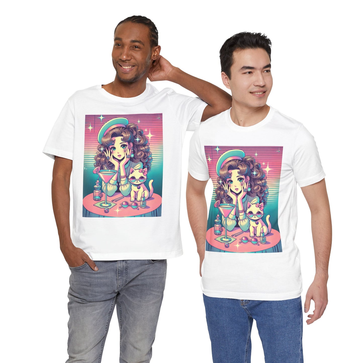 Retro Girl and Cat Graphic Tee Vaporwave Pastel Aesthetic Cocktail Lounge 80s Inspired Shoujo Style T Shirt Gift for Daughter or Dad