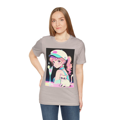 Retro Girl and Cat T Shirt Vaporwave Pastel Anime Shoujo Graphic Tee Neon Cocktail Aesthetic Kawaii Gift for Daughter or Dad Casual Streetwear