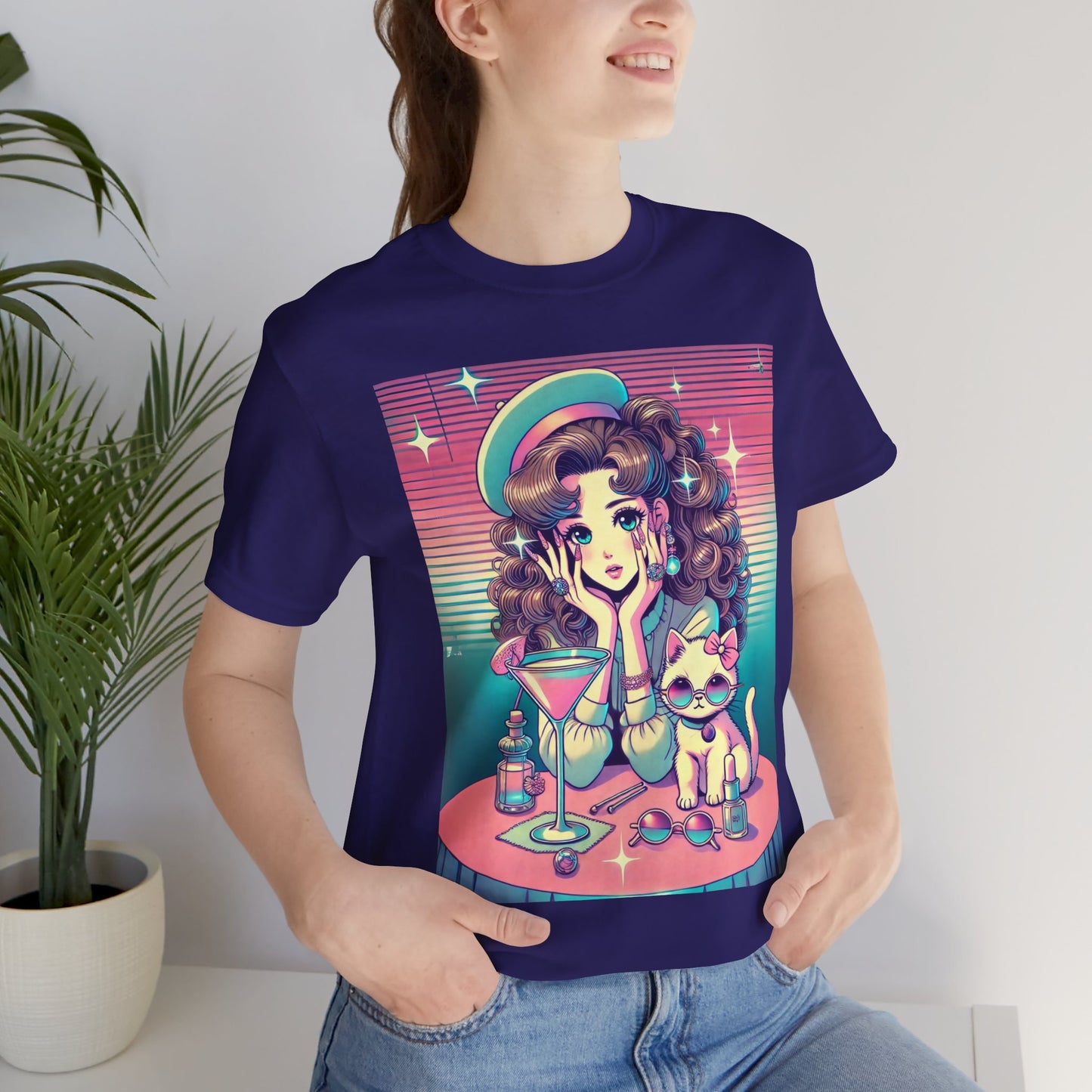 Retro Girl and Cat Graphic Tee Vaporwave Pastel Aesthetic Cocktail Lounge 80s Inspired Shoujo Style T Shirt Gift for Daughter or Dad