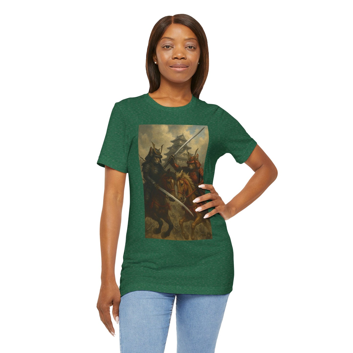 Epic Cat Samurai Battle Tee - War Horses Clash in Front of Japanese Castle  Feline Warrior Art Shirt for Fantasy & Japan Lovers