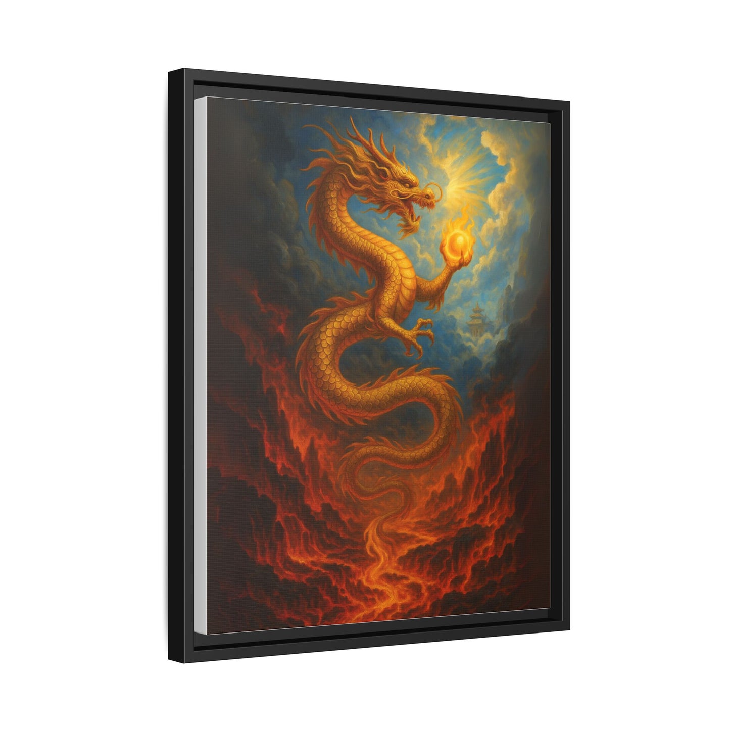 Golden Dragon Canvas Feng Shui Wall Art Asian Myth Painting Fire and Cloud Temple Inspired Good Luck Decor Gift for Dad