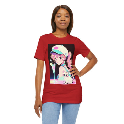 Retro Girl and Cat T Shirt Vaporwave Pastel Anime Shoujo Graphic Tee Neon Cocktail Aesthetic Kawaii Gift for Daughter or Dad Casual Streetwear