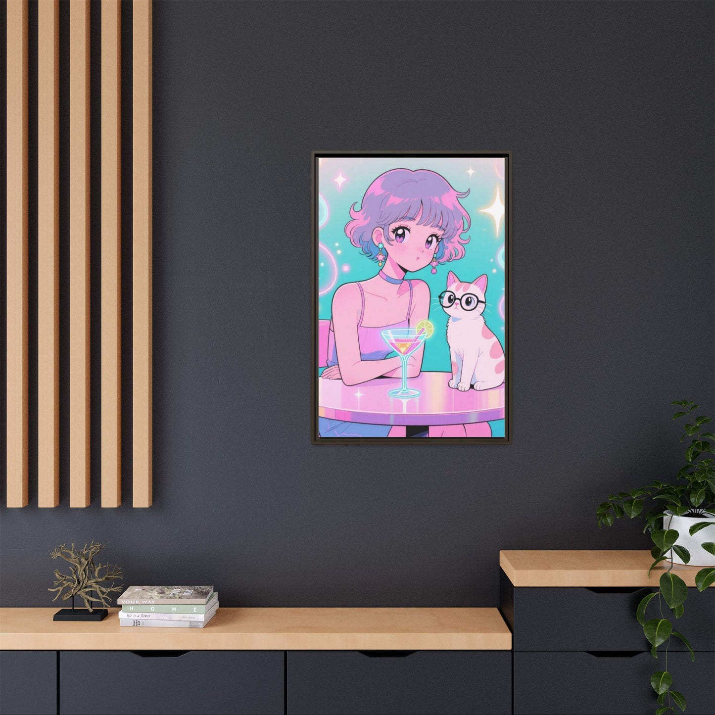 Anime Girl and Cat Canvas Pastel Neon Retro Shoujo Wall Art Kawaii Cocktail Aesthetic Gift for Daughter or Dad