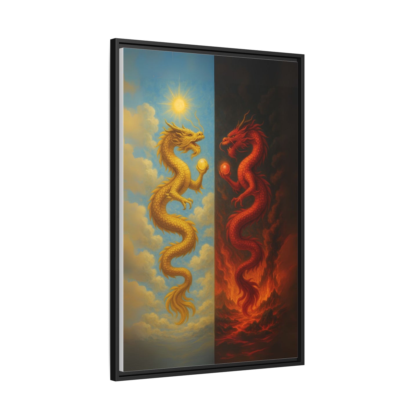 Heaven and Hell Twin Dragons Canvas Feng Shui Wall Art Gold and Red Dragon Pearls Sun and Fire Yin Yang Good Luck Decor Gift for Dad