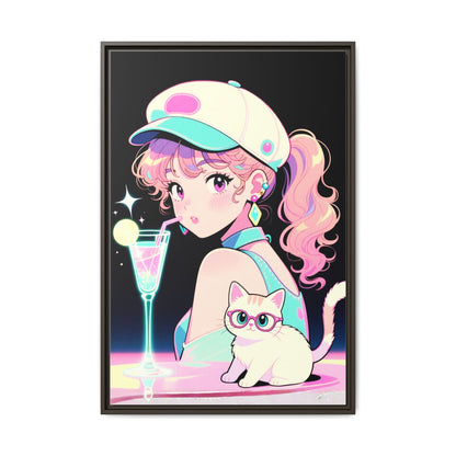 Retro Girl and Cat Canvas Vaporwave Pastel Anime Shoujo Wall Art Neon Cocktail Aesthetic Kawaii Gift for Daughter or Dad