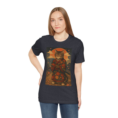 Samurai Cat T-Shirt - Floral Kimono Warrior with Katana | Japanese Ukiyo-e Style, Cherry Blossoms & Mount Fuji | Bold Cat Art Tee