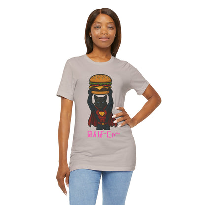 Superhero Cat Holding Cheeseburger T-Shirt - Funny Comic Style Tee for Burger Lovers - Unique Hero Cat Graphic Shirt - Unisex Gift