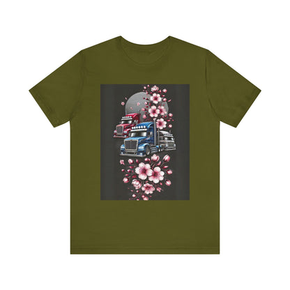 Cherry Blossom Convoy T-Shirt | Japanese Sakura x Modern Truck Art | Unique Graphic Tee for Drivers & Streetwear Lovers No.005