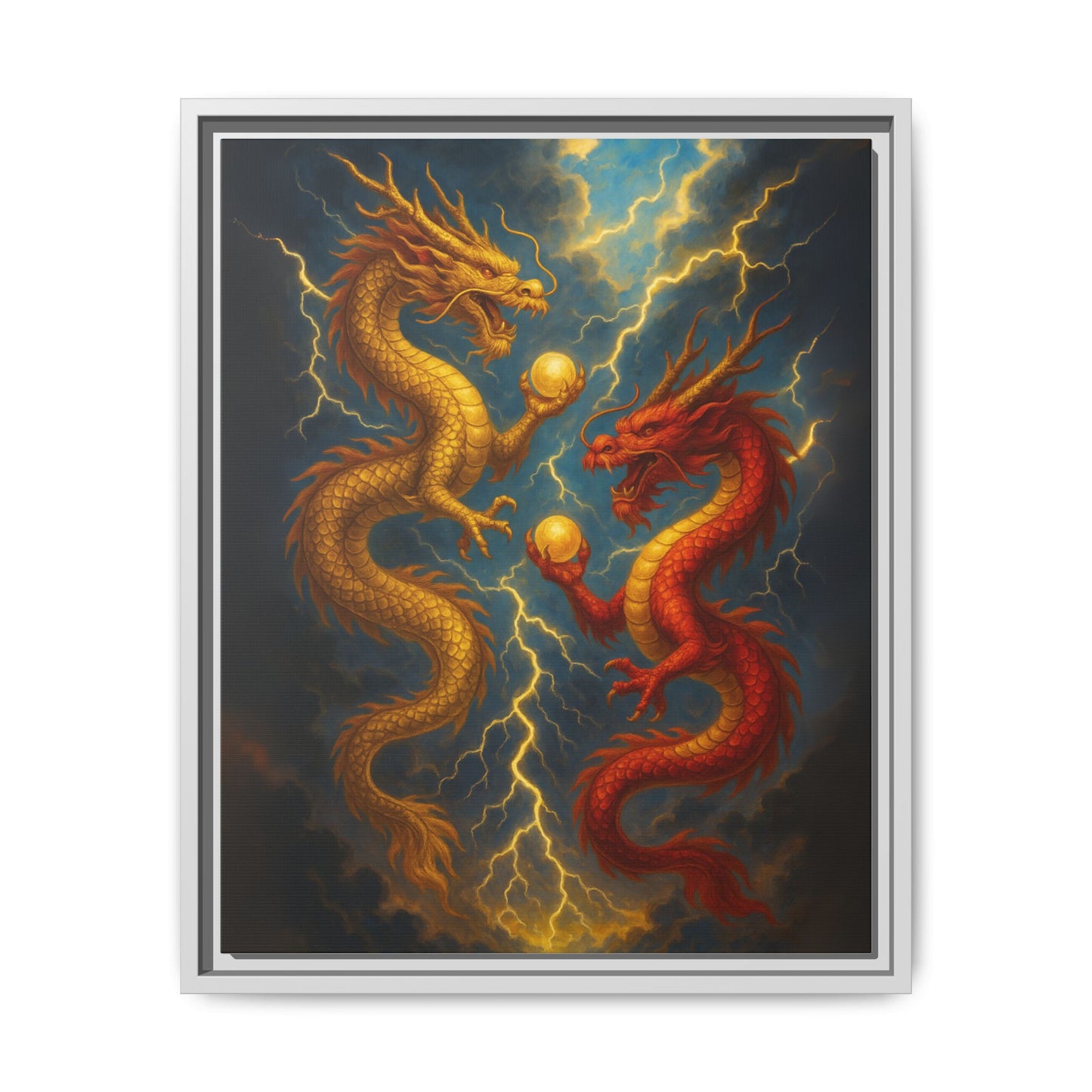 Golden and Red Twin Dragons Canvas Feng Shui Wall Art Lightning Storm Dragon Pearl Good Luck Decor Gift for Dad Living Room