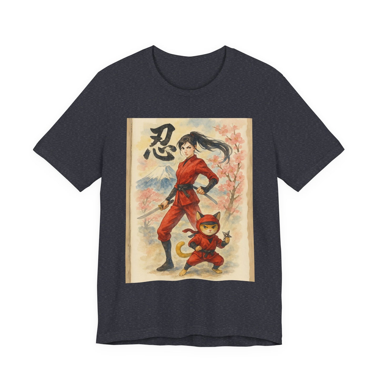 Ninja and Cat Watercolor T-Shirt - Female Ninja in Red Outfit with Katana-Kanji Art, Mount Fuji, Cherry Blossoms - Cool Unise x Japanese Tee