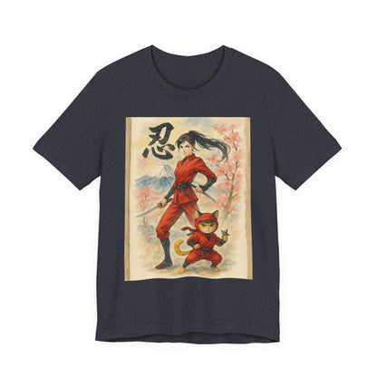 Ninja and Cat Watercolor T-Shirt - Female Ninja in Red Outfit with Katana-Kanji Art, Mount Fuji, Cherry Blossoms - Cool Unise x Japanese Tee