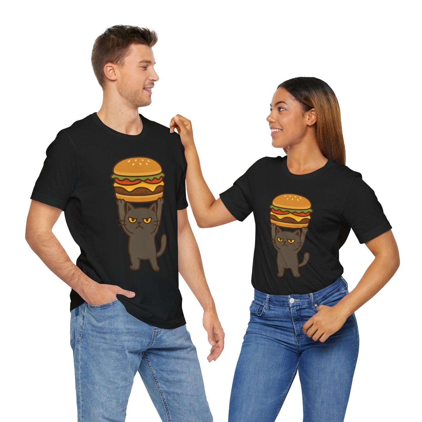 "Hanba-nyaa~" Cute Japanese Cat T-Shirt – Funny Burger & Cat Design – Kawaii Style Unisex Tee – Gift for Food & Cat Lovers