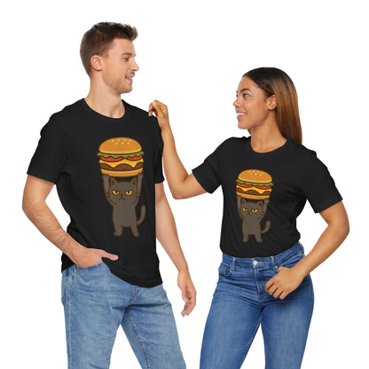 "Hanba-nyaa~" Cute Japanese Cat T-Shirt – Funny Burger & Cat Design – Kawaii Style Unisex Tee – Gift for Food & Cat Lovers