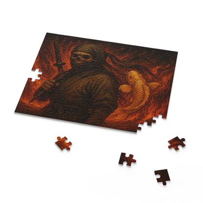 Dark Ninja Skull Puzzle-Gothic Japanese Horror Art, Golden Koi & Fire, High-Detail Mystery Warrior Jigsaw for Adults, Unique Gift Idea