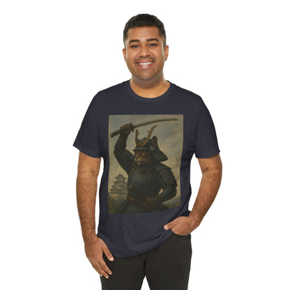 Cat Samurai Strike Tee | Epic Armored Feline Raising Katana | Japanese Warrior Art Unisex Shirt