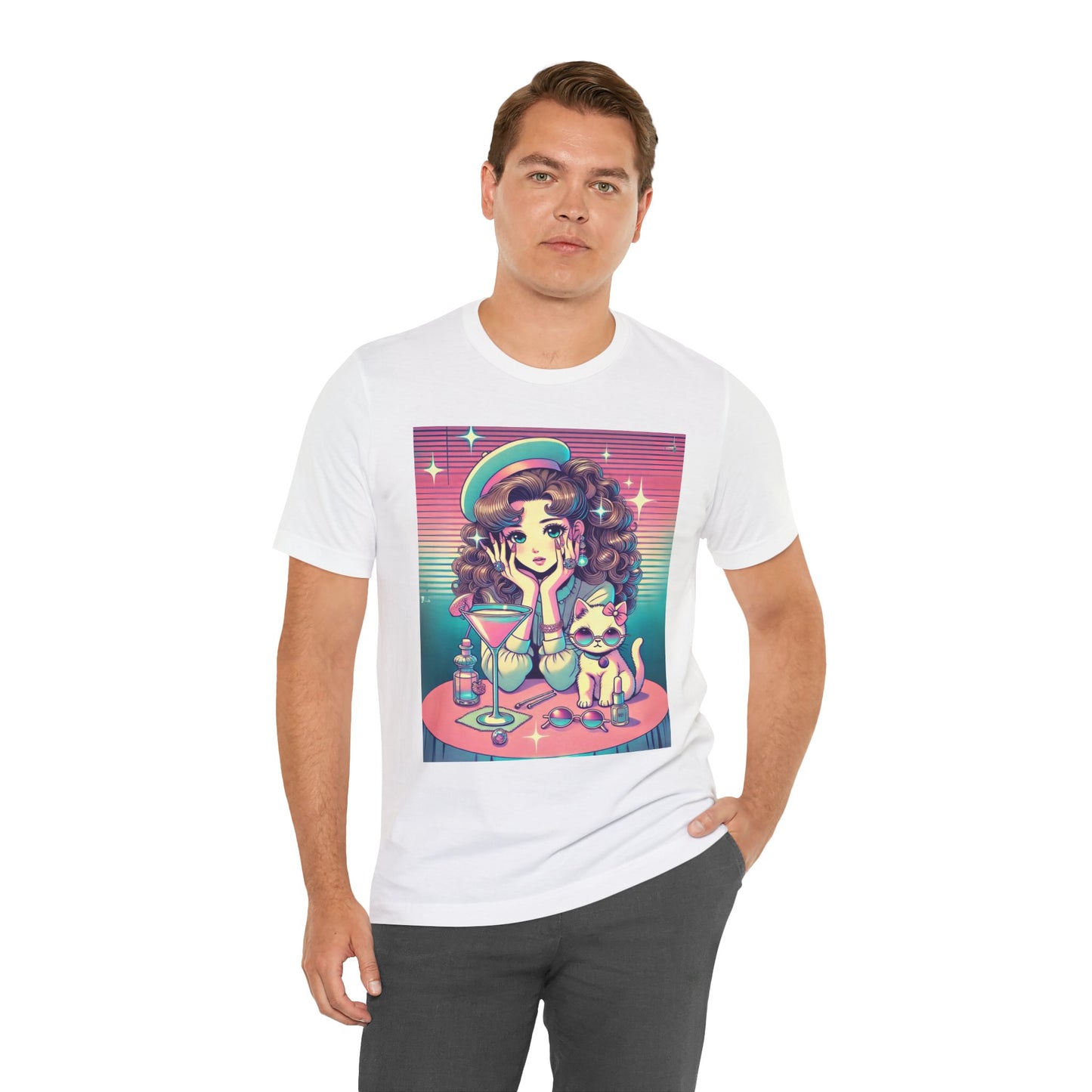 Retro Girl and Cat Graphic Tee Vaporwave Pastel Aesthetic Cocktail Lounge 80s Inspired Shoujo Style T Shirt Gift for Daughter or Dad