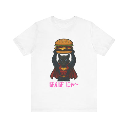 Superhero Cat Holding Cheeseburger T-Shirt - Funny Comic Style Tee for Burger Lovers - Unique Hero Cat Graphic Shirt - Unisex Gift