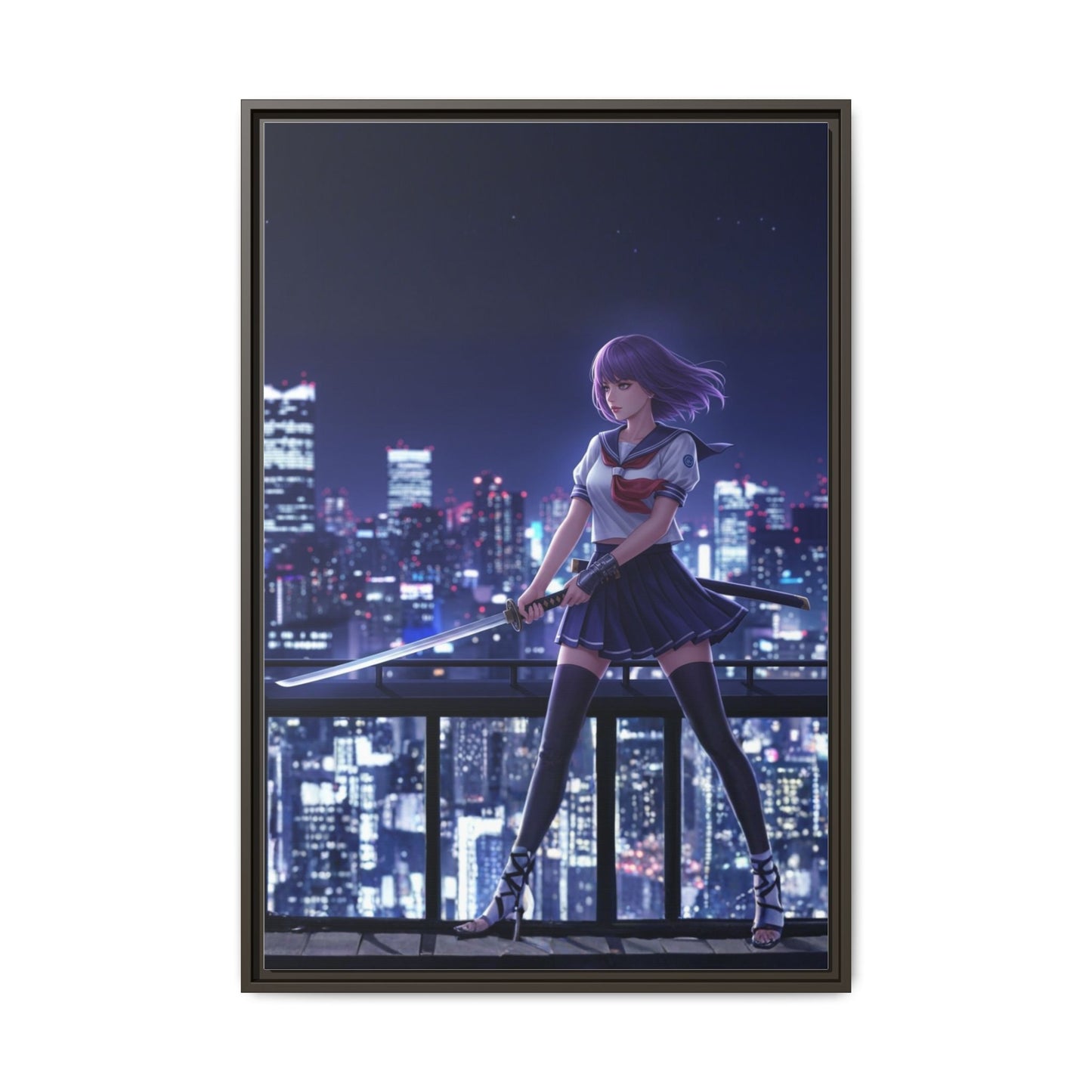 Anime Warrior Girl Canvas Tokyo Night Skyline Katana Wall Art Futuristic Heroine Gift for Daughter or Dad Gaming Room Decor