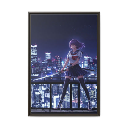 Anime Warrior Girl Canvas Tokyo Night Skyline Katana Wall Art Futuristic Heroine Gift for Daughter or Dad Gaming Room Decor