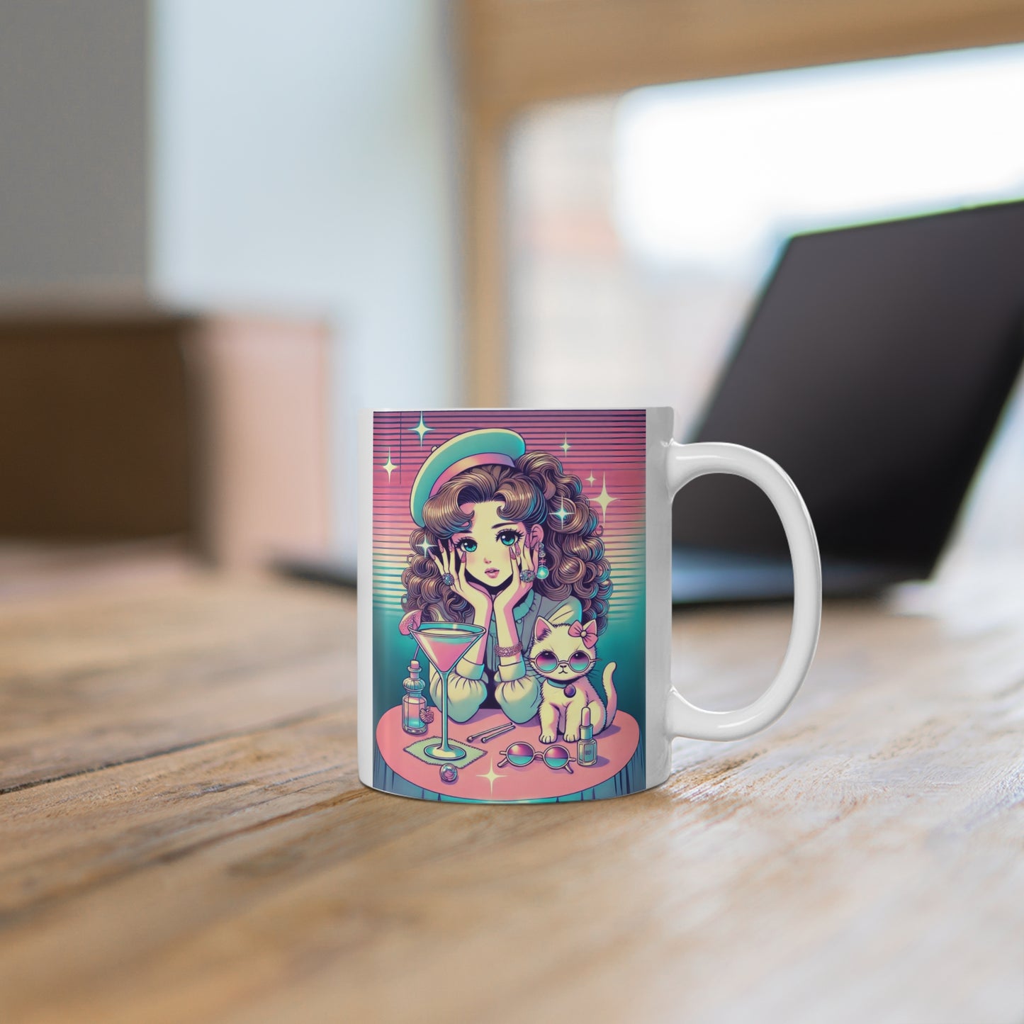 Retro Girl and Cat Mug Vaporwave Pastel Anime Shoujo Style Coffee Cup Cocktail Lounge Aesthetic Cute Kawaii Gift for Daughter or Dad