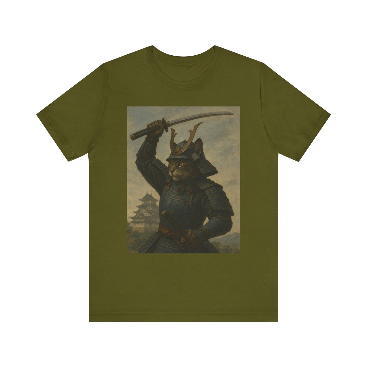Cat Samurai Strike Tee | Epic Armored Feline Raising Katana | Japanese Warrior Art Unisex Shirt