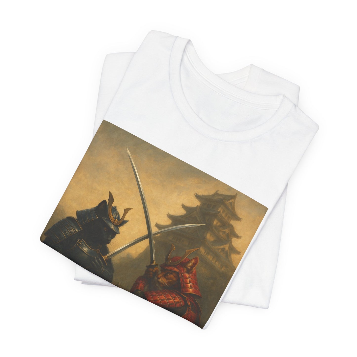 Epic Cat Samurai Battle Tee - War Horses Clash in Front of Japanese Castle  Feline Warrior Art Shirt for Fantasy & Japan Lovers