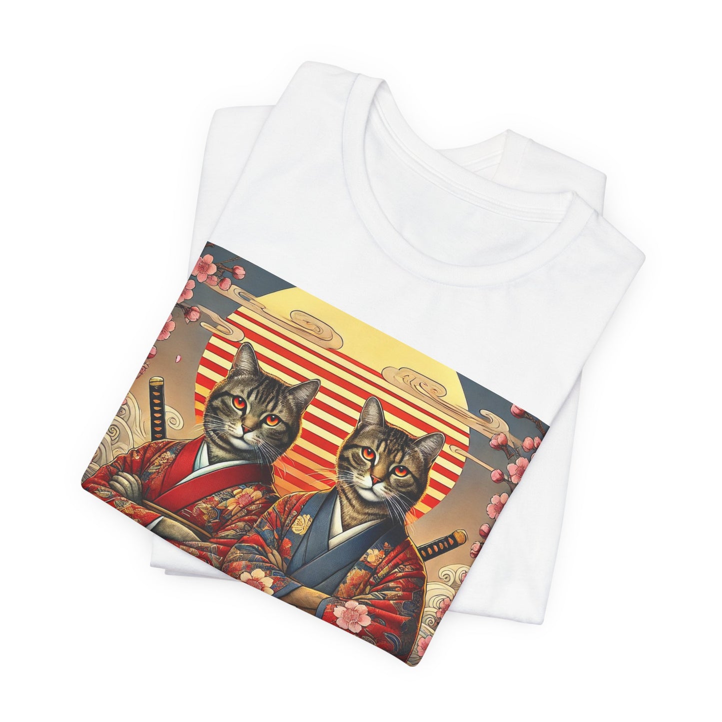 Samurai Cat T-Shirt - Floral Kimono Warrior with Katana | Japanese Ukiyo-e Style, Cherry Blossoms & Mount Fuji | Bold Cat Art Tee