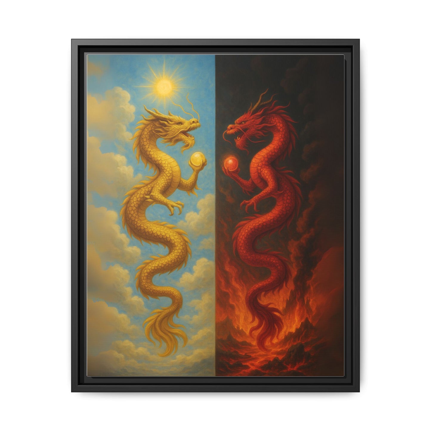 Heaven and Hell Twin Dragons Canvas Feng Shui Wall Art Gold and Red Dragon Pearls Sun and Fire Yin Yang Good Luck Decor Gift for Dad