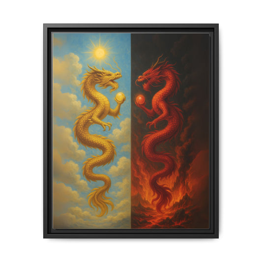 Heaven and Hell Twin Dragons Canvas Feng Shui Wall Art Gold and Red Dragon Pearls Sun and Fire Yin Yang Good Luck Decor Gift for Dad