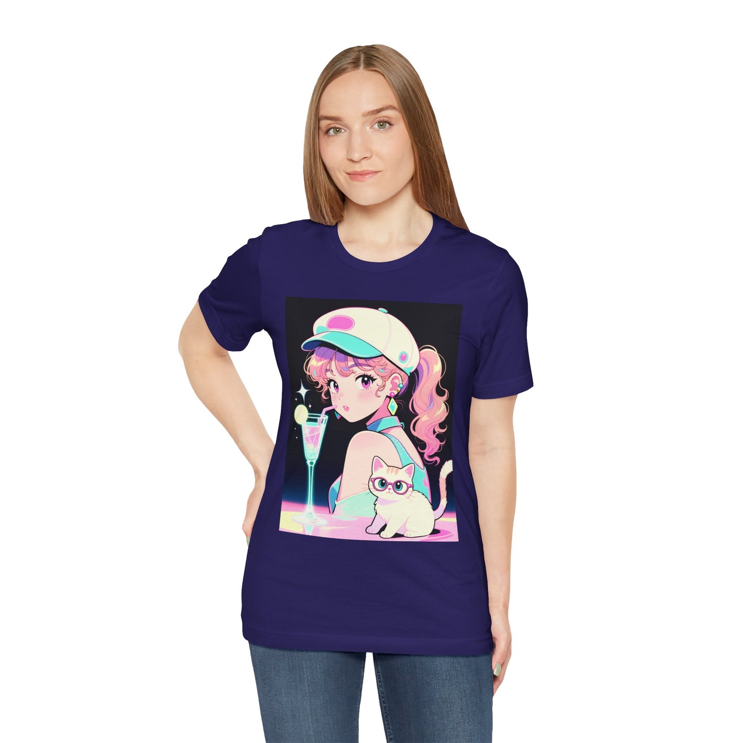 Retro Girl and Cat T Shirt Vaporwave Pastel Anime Shoujo Graphic Tee Neon Cocktail Aesthetic Kawaii Gift for Daughter or Dad Casual Streetwear