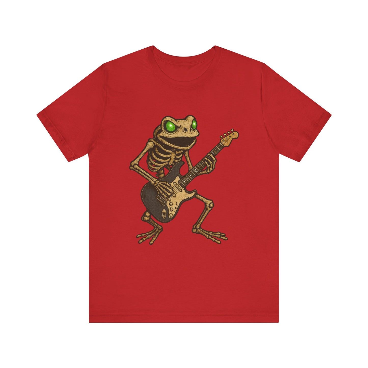Skeleton Frog Shredding Electric Guitar Tee - Glowing Green Eyes Rock Art Shirt for Musicians Frog Lovers and Gothic Punk Style