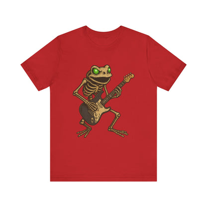 Skeleton Frog Shredding Electric Guitar Tee - Glowing Green Eyes Rock Art Shirt for Musicians Frog Lovers and Gothic Punk Style