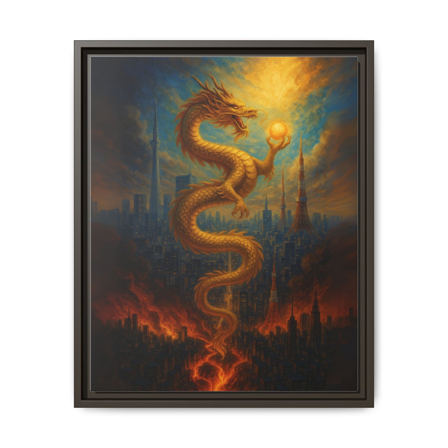 Neo Tokyo Golden Dragon Canvas Wall Art Japan Inspired Skyline Painting Feng Shui Good Luck Decor Dragon Pearl Gift for Dad