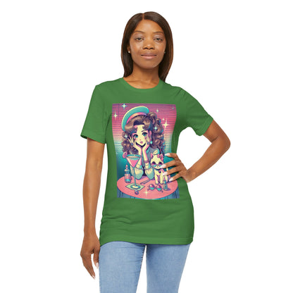 Retro Girl and Cat Graphic Tee Vaporwave Pastel Aesthetic Cocktail Lounge 80s Inspired Shoujo Style T Shirt Gift for Daughter or Dad