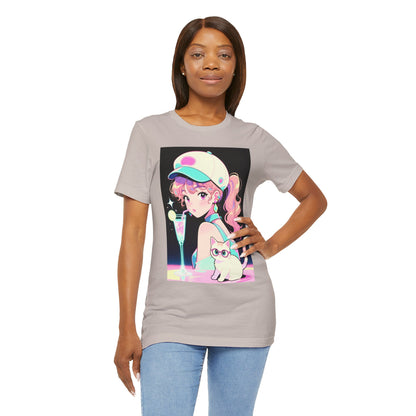 Retro Girl and Cat T Shirt Vaporwave Pastel Anime Shoujo Graphic Tee Neon Cocktail Aesthetic Kawaii Gift for Daughter or Dad Casual Streetwear