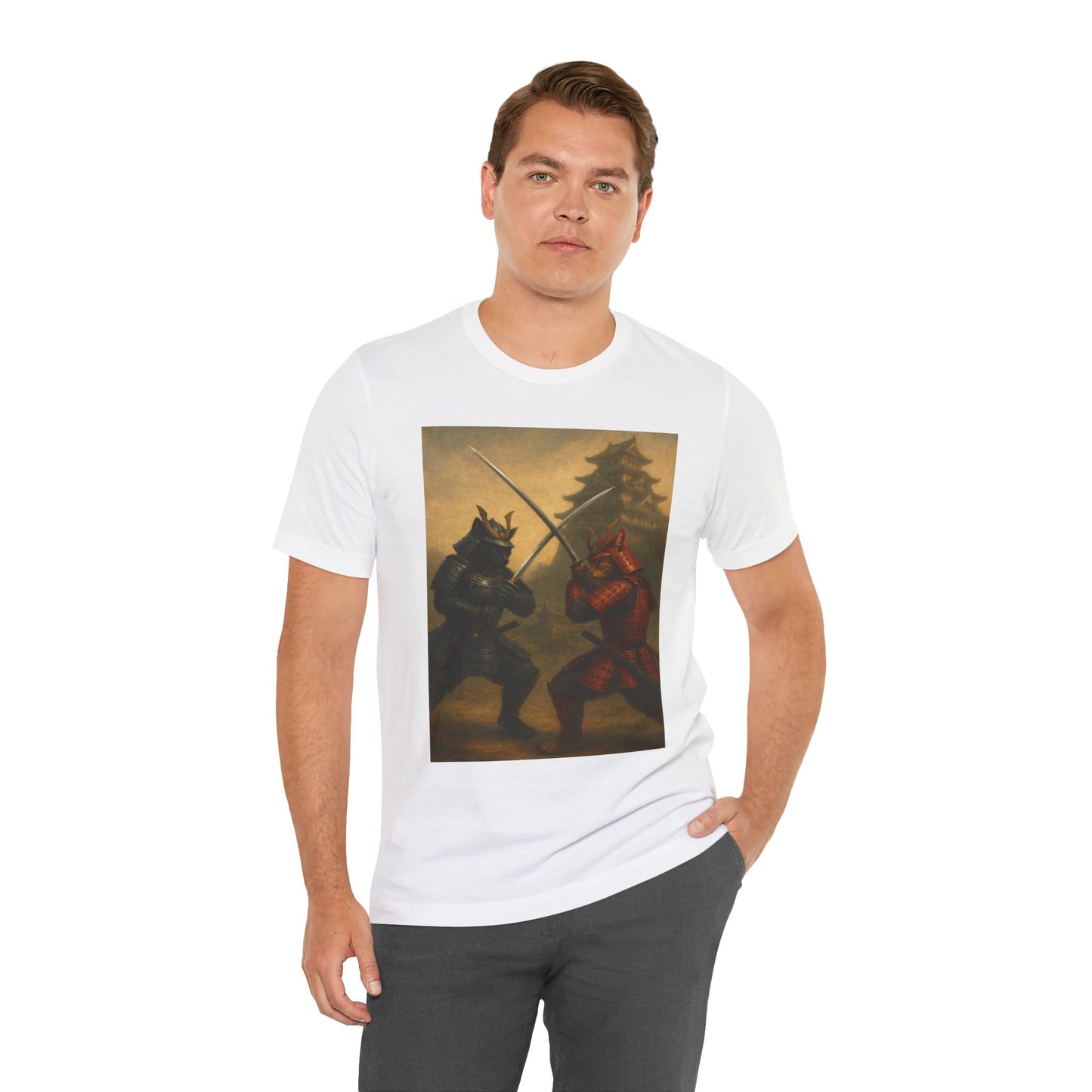 Epic Cat Samurai Battle Tee - War Horses Clash in Front of Japanese Castle  Feline Warrior Art Shirt for Fantasy & Japan Lovers