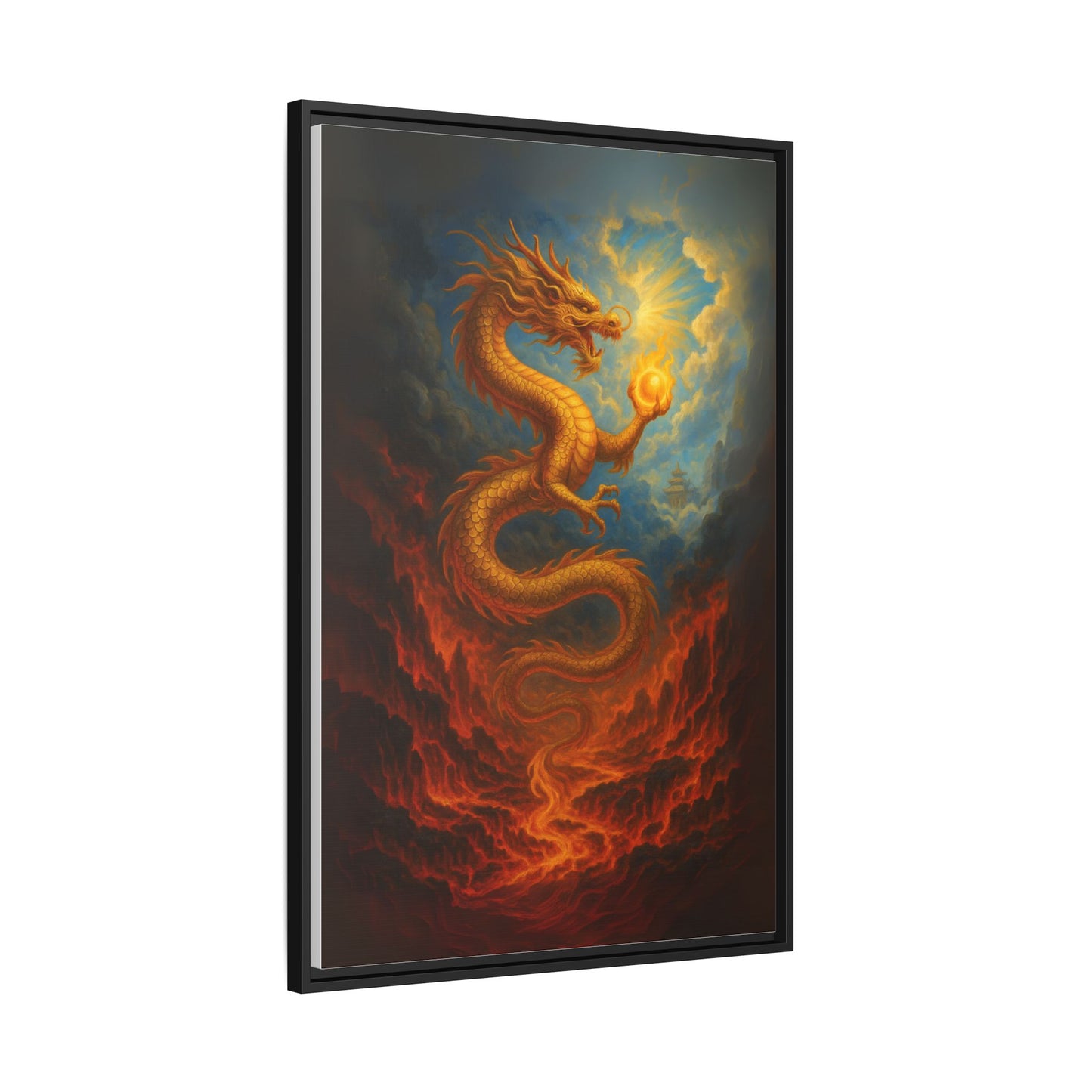 Golden Dragon Canvas Feng Shui Wall Art Asian Myth Painting Fire and Cloud Temple Inspired Good Luck Decor Gift for Dad