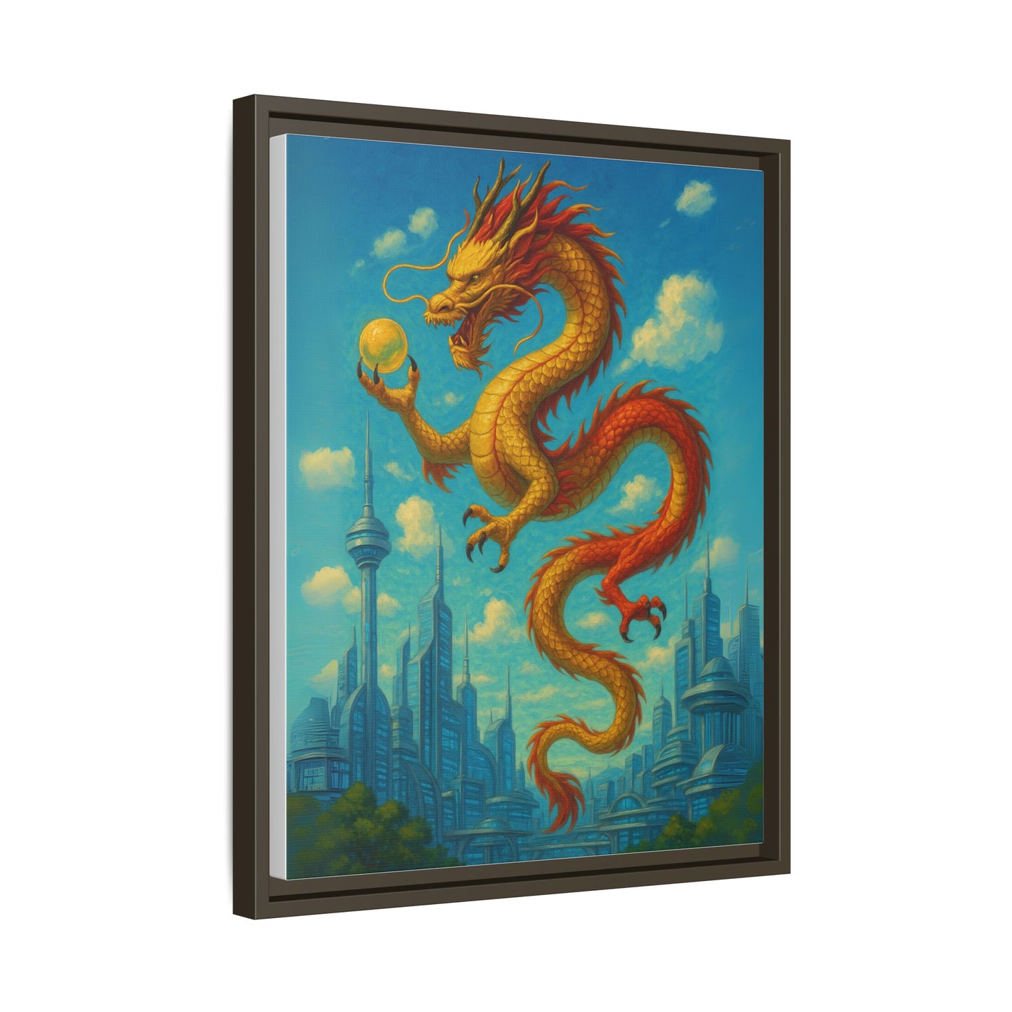 Neo Tokyo Golden Dragon Canvas Wall Art Japan Inspired Skyline Painting Feng Shui Good Luck Decor Dragon Pearl Gift for Dad