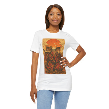 Samurai Cat T-Shirt - Floral Kimono Warrior with Katana | Japanese Ukiyo-e Style, Cherry Blossoms & Mount Fuji | Bold Cat Art Tee