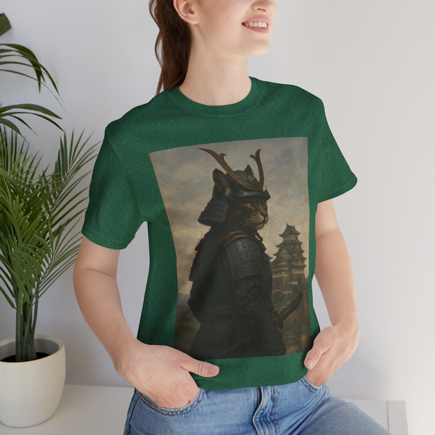 Cat Samurai Vigil Tee | Armored Feline Warrior w/ Castle Backdrop | Japanese Art Unisex Shirt