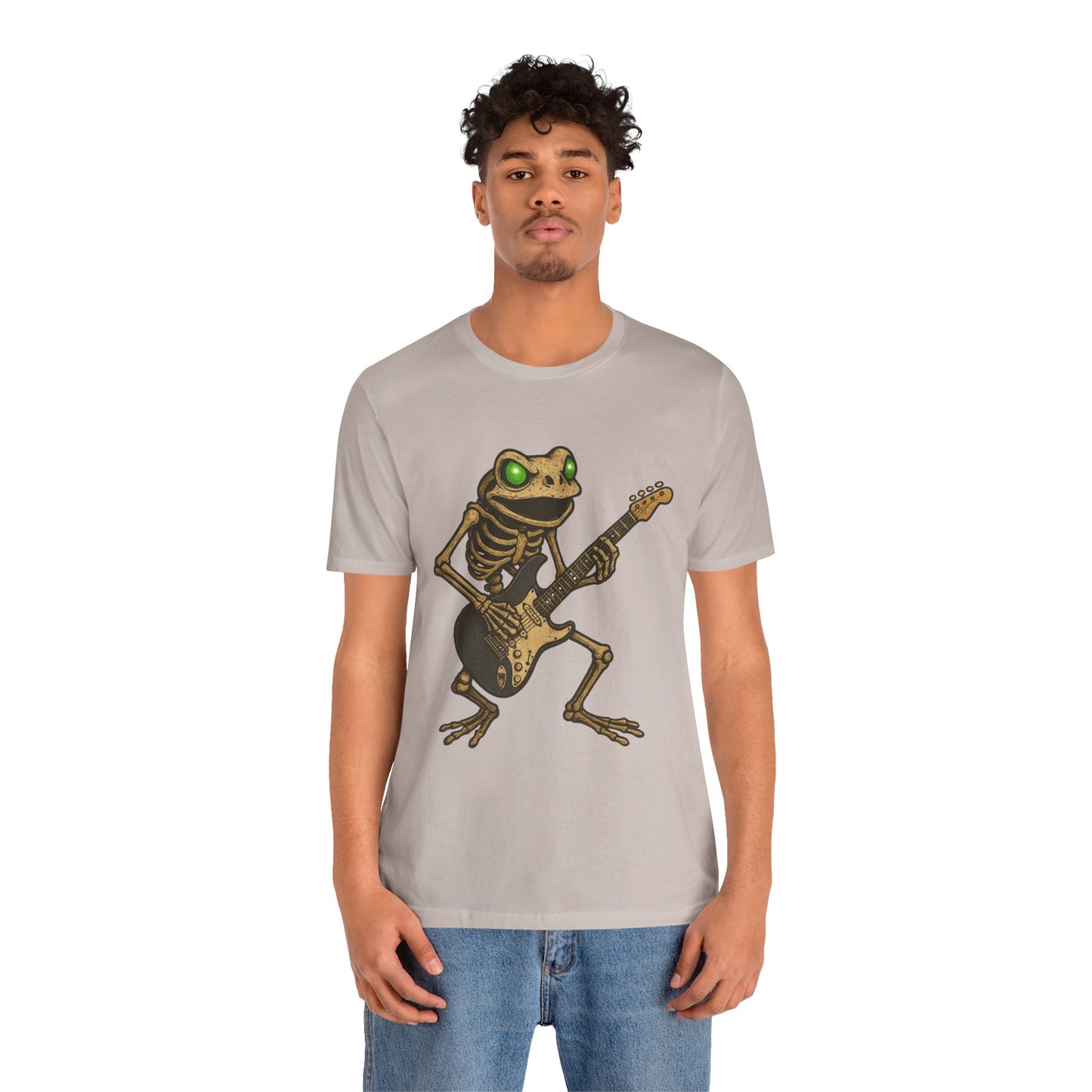 Skeleton Frog Shredding Electric Guitar Tee - Glowing Green Eyes Rock Art Shirt for Musicians Frog Lovers and Gothic Punk Style