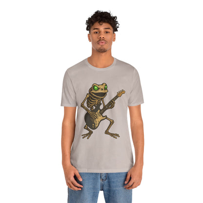 Skeleton Frog Shredding Electric Guitar Tee - Glowing Green Eyes Rock Art Shirt for Musicians Frog Lovers and Gothic Punk Style