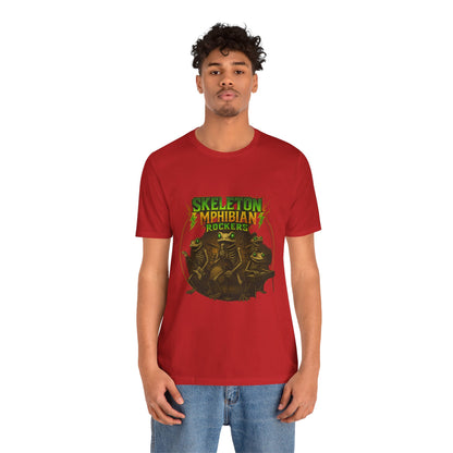 Skeleton Amphibian Rockers Album Cover Tee - Green Eyed Skeleton Frog Band Vocal Guitar Piano Drums Rock Art Shirt