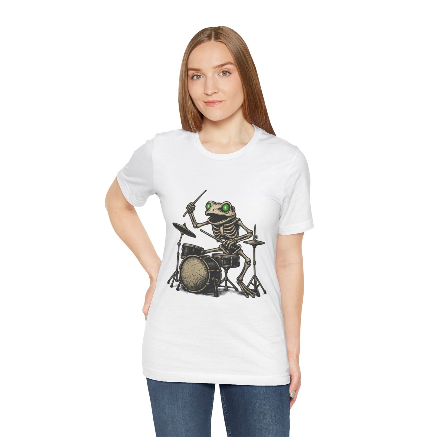 Skeleton Frog Drummer Shirt with Glowing Green Eyes Rock Band Art Tee for Musicians Frog Lovers Halloween and Concert Wear