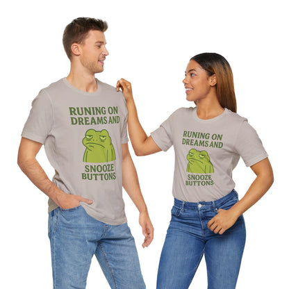 Running on Dreams and Snooze Buttons Shirt Sleepy Frog Tee Funny Night Owl Top Great Dad Gift Cozy Loungewear Aesthetic