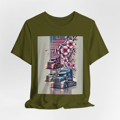 Cherry Blossom Convoy T-Shirt | Japanese Sakura x Modern Truck Art | Unique Graphic Tee for Drivers & Streetwear Lovers No.004
